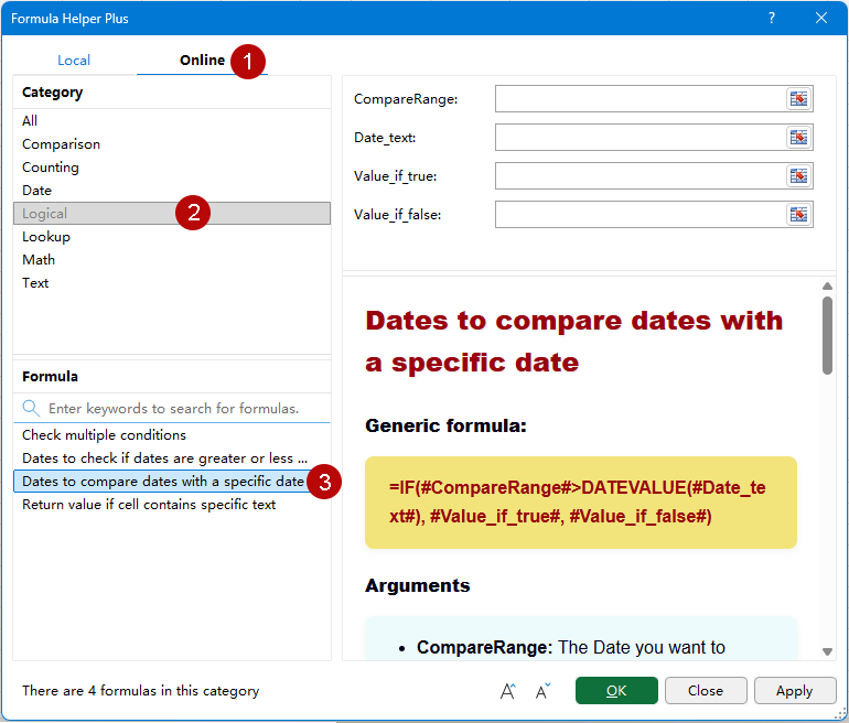 Select Dates to compare dates with a specific date from Formula Helper Plus Online