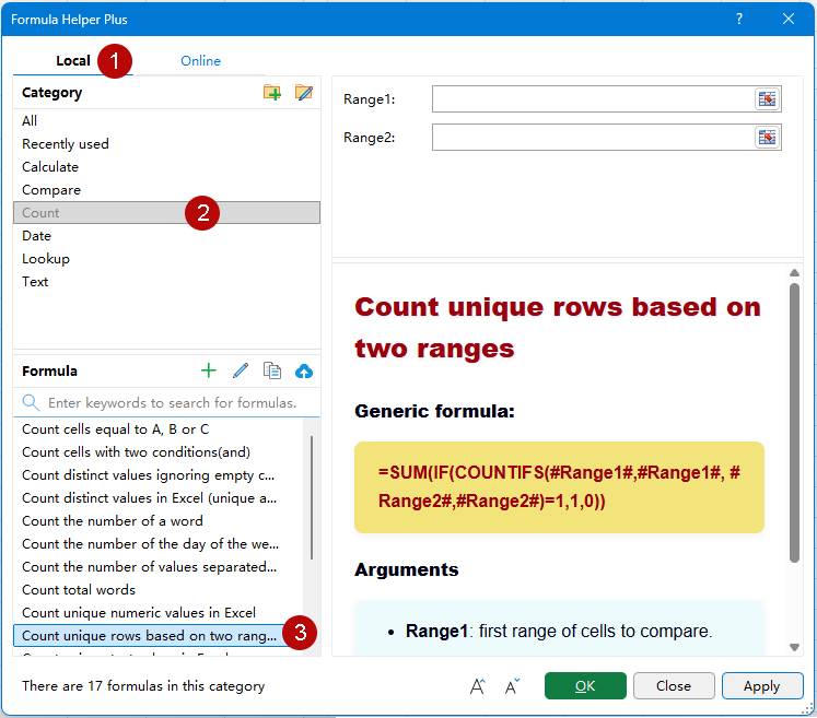 Select Count unique rows based on two ranges from the Count category