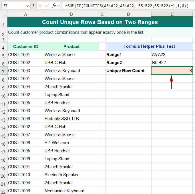 Count unique customer and product combinations in Excel