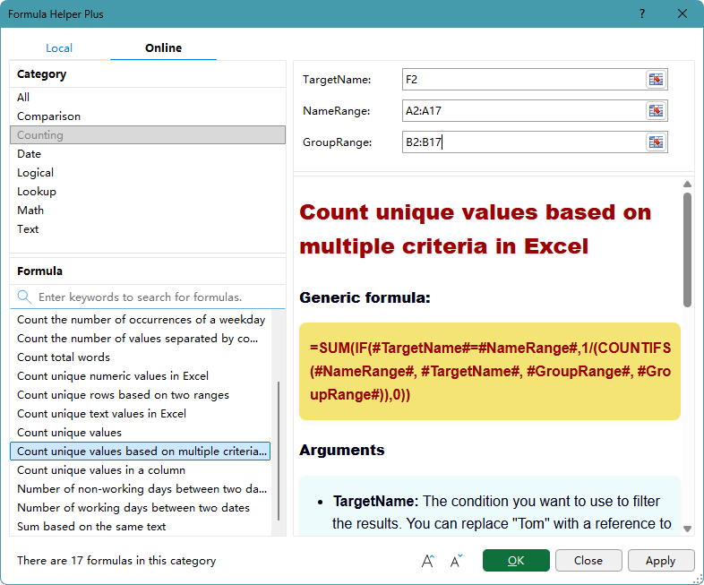Formula Helper Plus dialog box
