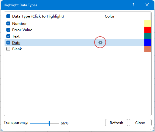 Click Settings for a selected data type