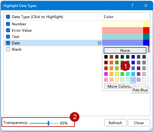 Adjust highlight colors and transparency for Excel data types