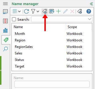 Display hidden names button in the Name Manager panel
