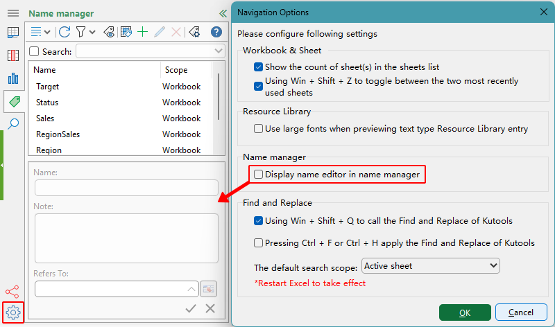 Navigation Options menu for disabling the name editor in the Name Manager panel