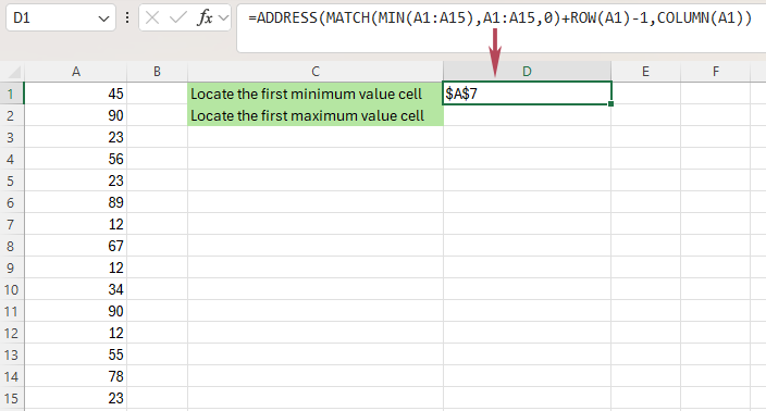 Locate the first minimum value cell