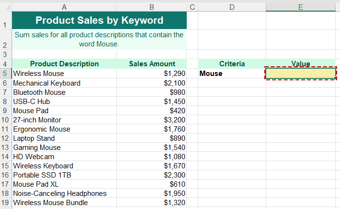 Product sales sample for summing values based on partial text