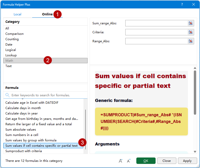 Select Sum values if cell contains specific or partial text in Formula Helper Plus Online