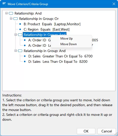 Move and Reorder Criteria or Criteria Groups
