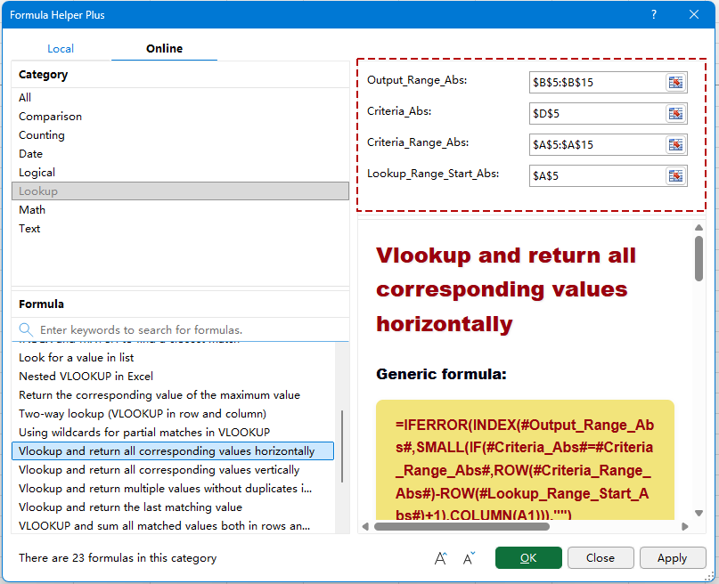 Vlookup and return all corresponding values horizontally in Excel