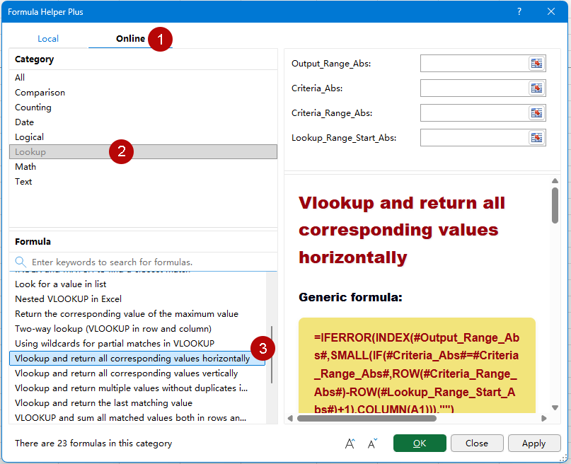 Select Vlookup and return all corresponding values horizontally in Formula Helper Plus