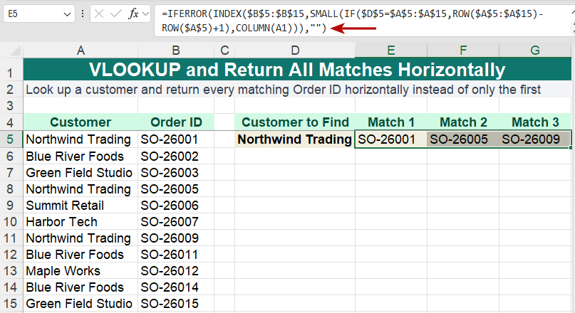 All matching Order IDs returned horizontally in Excel
