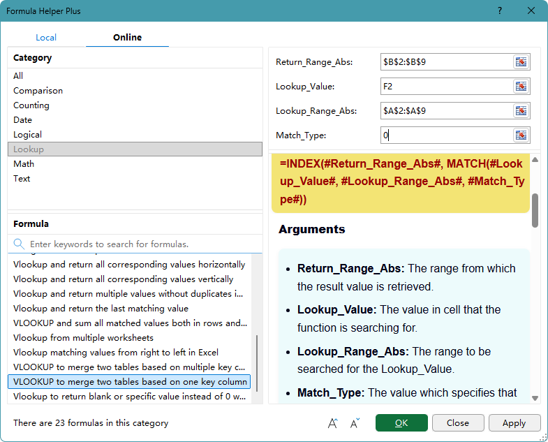 Arguments configured for merging two tables in Formula Helper Plus