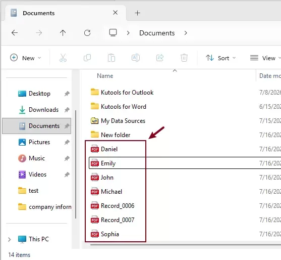 the exported separate files in the destination folder
