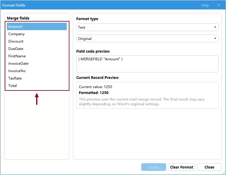 All merge fields in the format fields dialog