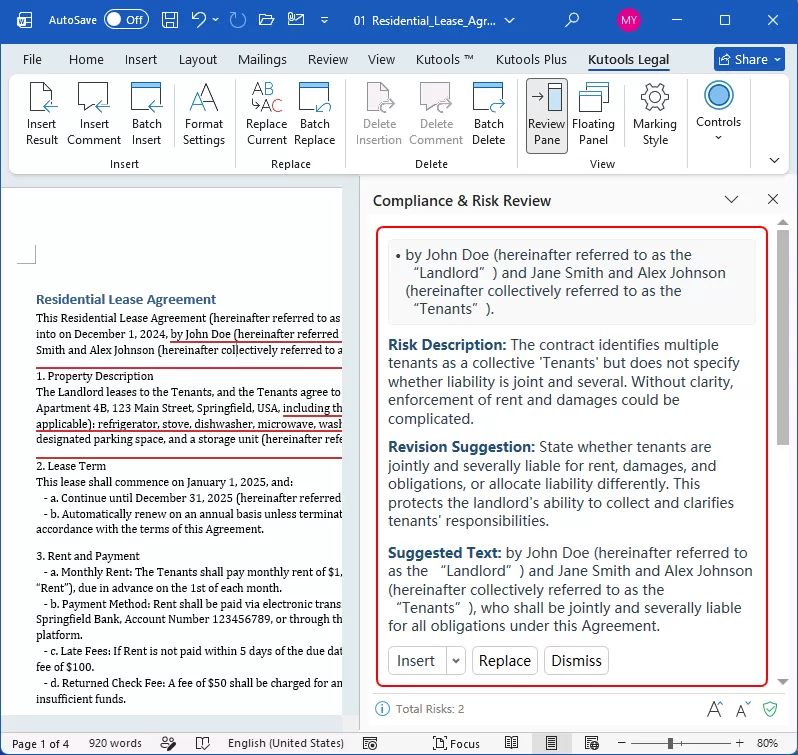 AI Contract Review pane opened from the Kutools tab in Word