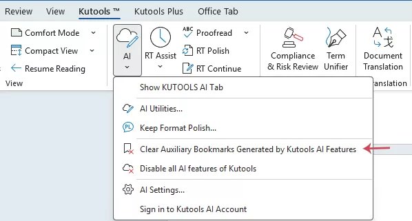 Clear Auxiliary Bookmarks Generated by Kutools AI Features option on the ribbon