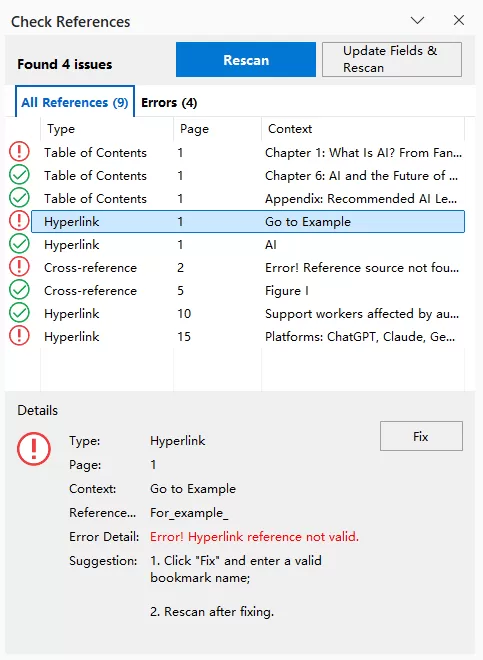 Check References pane appears on the right of the document
