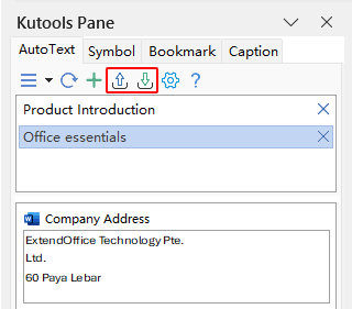Import and Export buttons on the AutoText pane toolbar