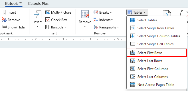Select First Rows option in Kutools Tables menu