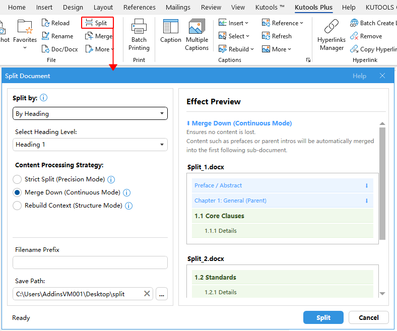Split button on the Kutools Plus tab