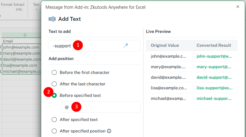 Insert text after specified text in Excel cells
