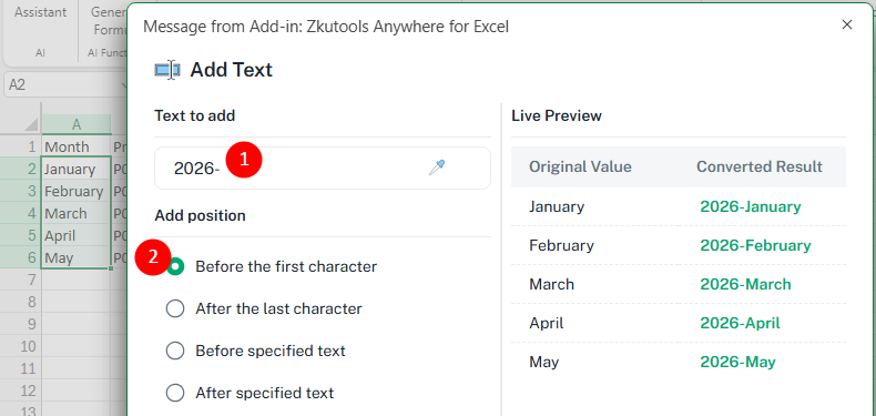 Add a prefix to Excel cells using the Before first character option