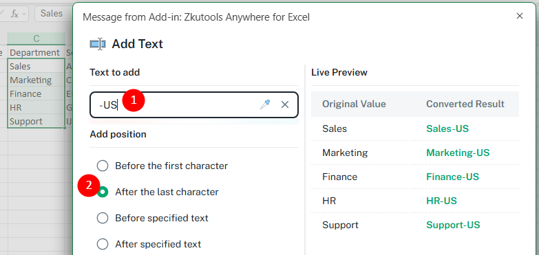 Add a suffix to Excel cells using the After last character option