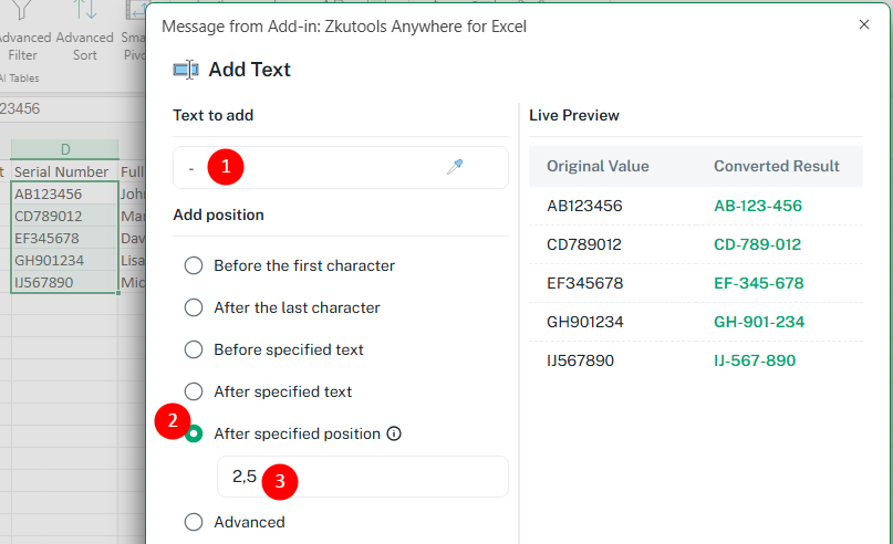 Insert text at specific positions in Excel cells