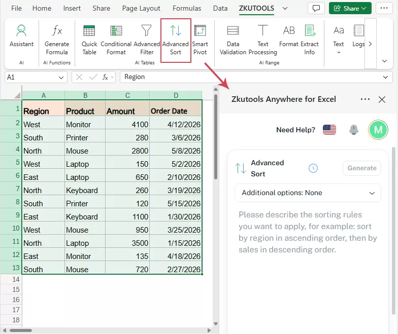 Click ZKutools > Advanced Sort to Open Advanced Sort