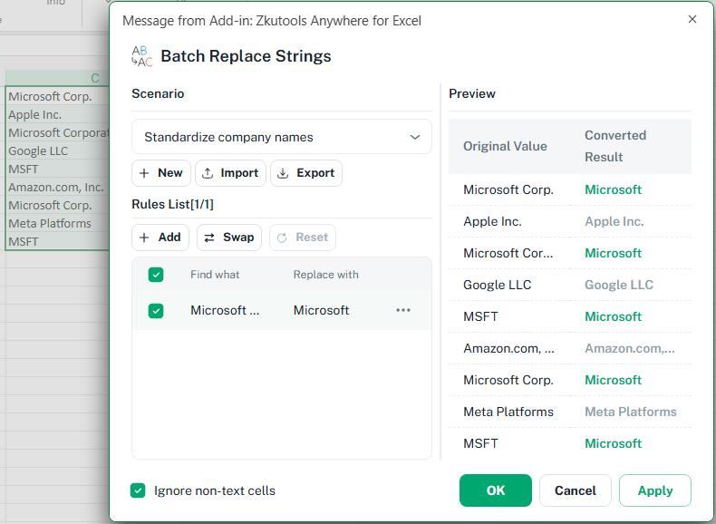Standardize company name variations with a custom replacement scenario