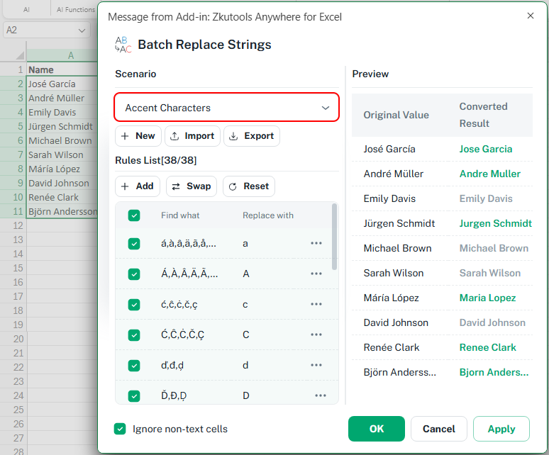 Replace accented characters with standard letters in Excel