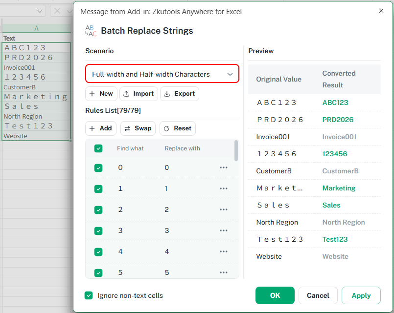 Convert full-width and half-width characters in Excel