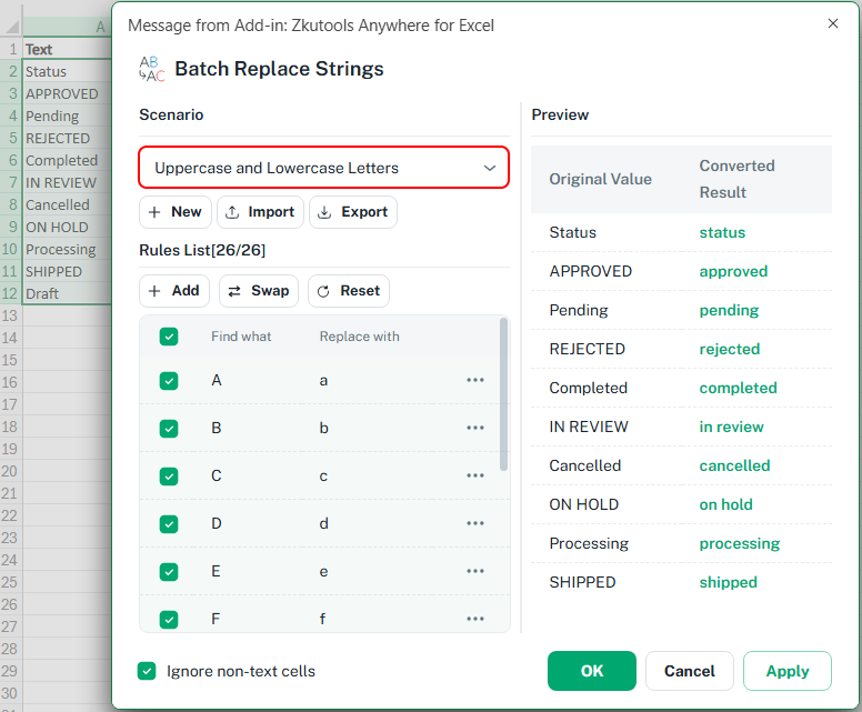 Convert uppercase and lowercase letters in Excel