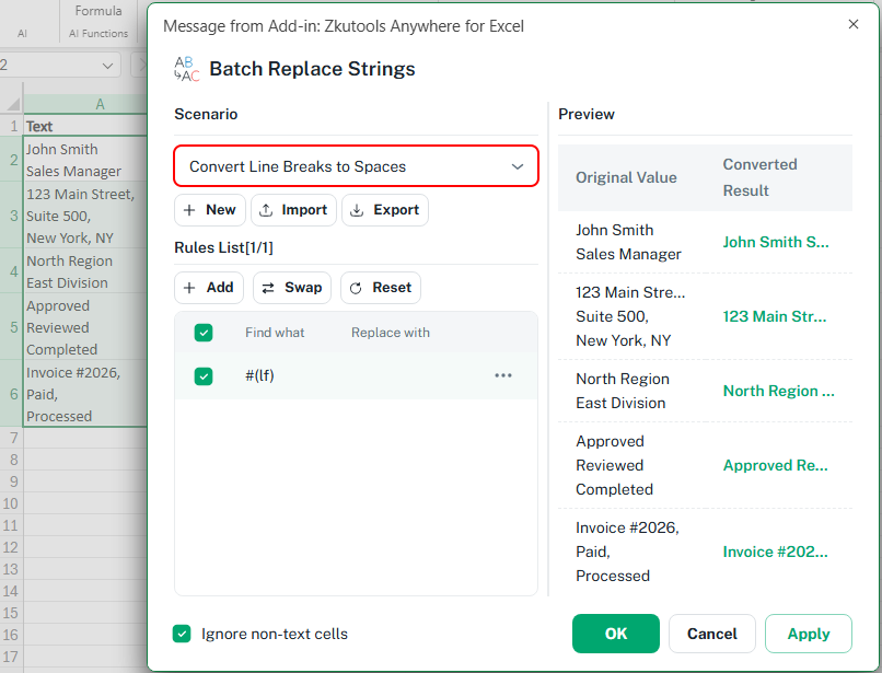 Convert line breaks to spaces in Excel cells