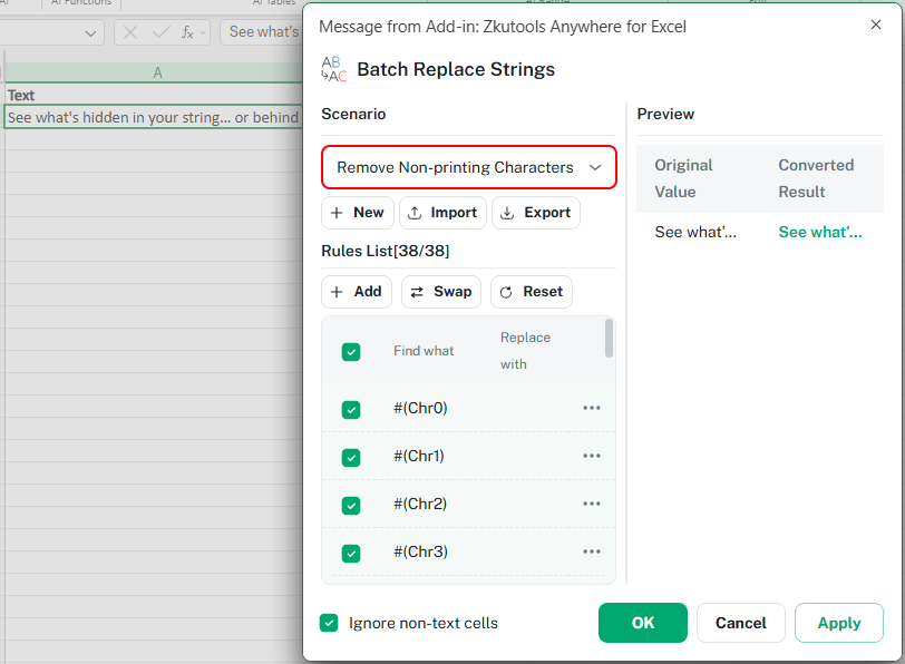 Remove non-printing characters from Excel cells