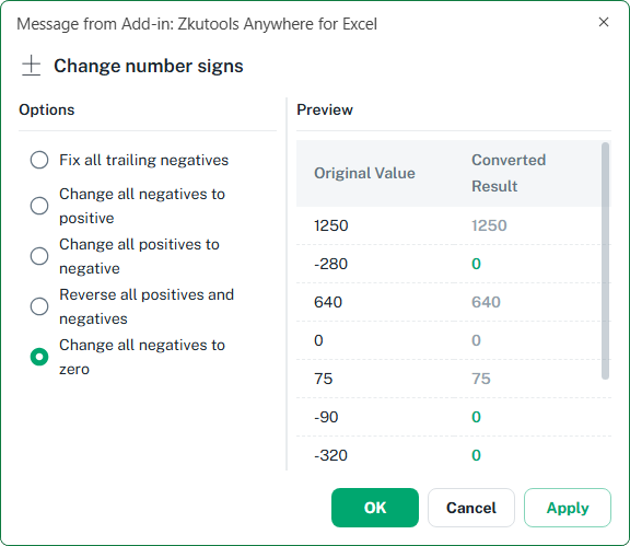 Change number signs in Excel with ZKutools Anywhere for Excel