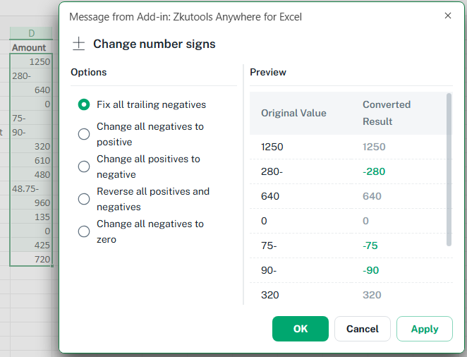 Fix trailing negative signs in Excel