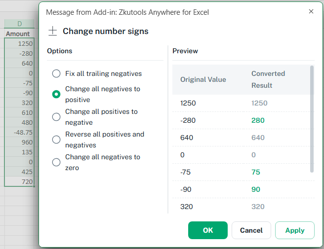 Change negative numbers to positive in Excel