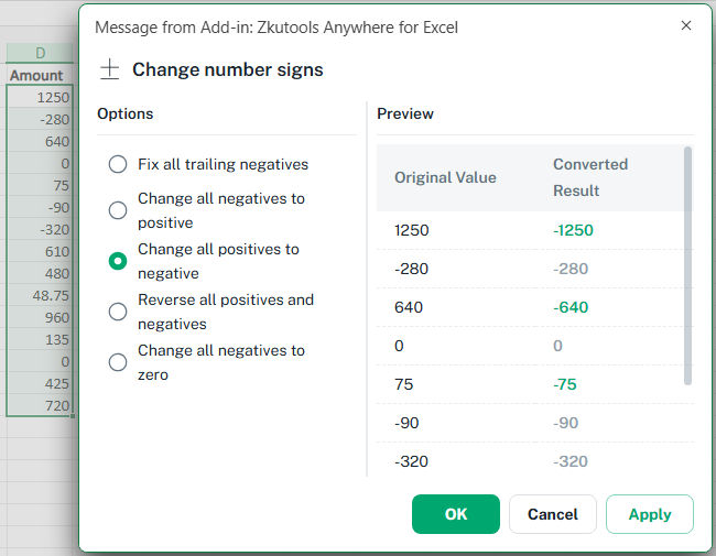 Change positive numbers to negative in Excel