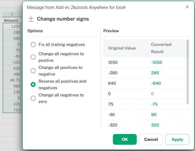 Reverse positive and negative number signs in Excel