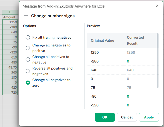 Replace negative numbers with zero in Excel
