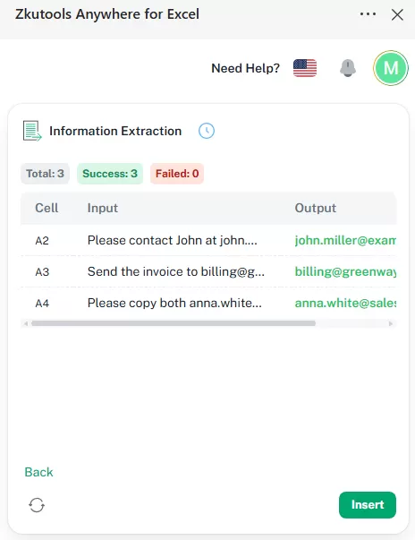 AI Analyzes the selected input cellsdisplays the extraction results in a preview list