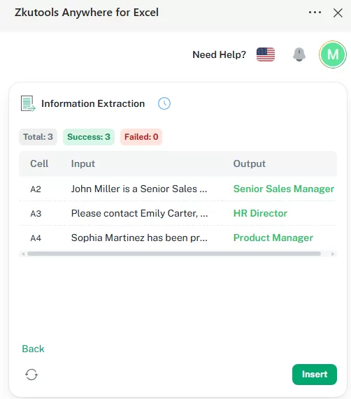 AI analyzes the selected input cells and displays the extraction results in a preview list