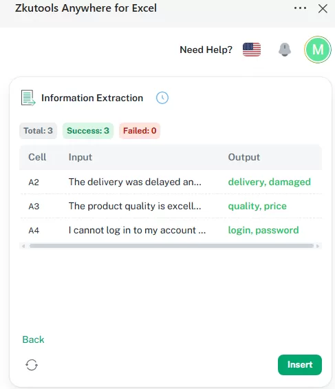 AI Analyzes the selected input cellsdisplays the extraction results in a preview list