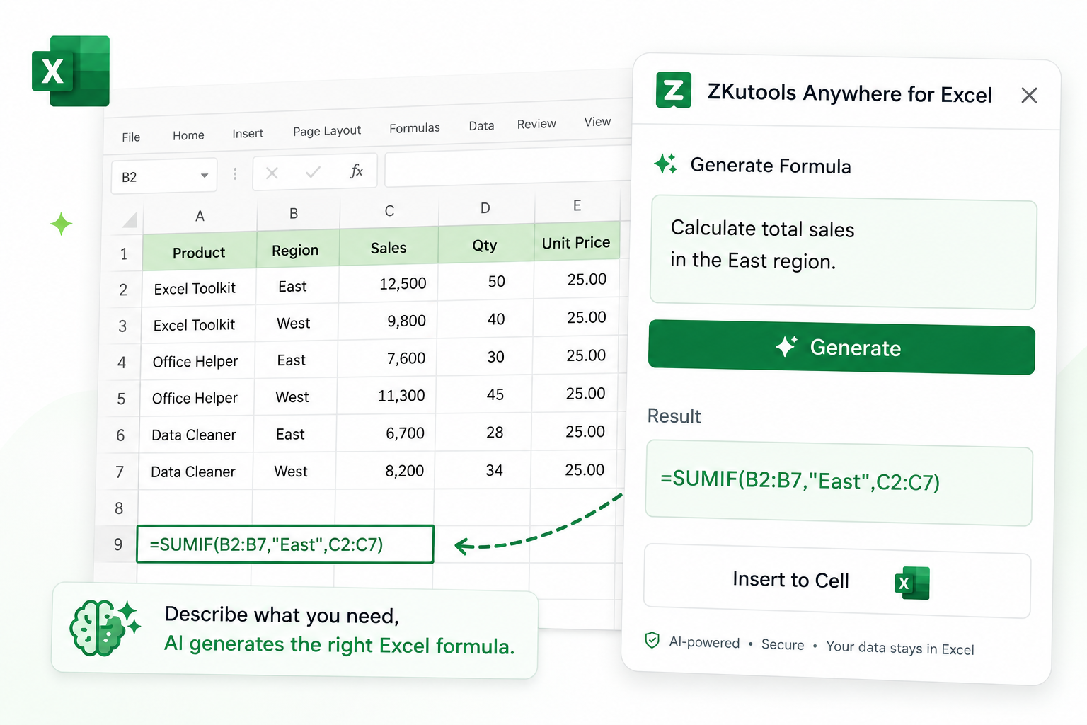 Generate Excel formulas with AI in ZKutools Anywhere for Excel
