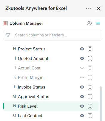 Manage Excel columns from the ZKutools Columns pane