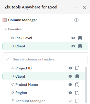 Manage Excel columns from the ZKutools Columns pane