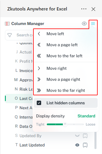 Move a column from the menu in the Columns pane