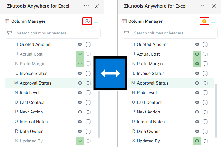 Show or hide all hidden columns at once from the Columns pane