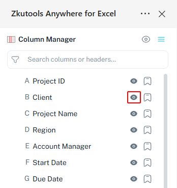 Hide or show a single column from the Columns pane